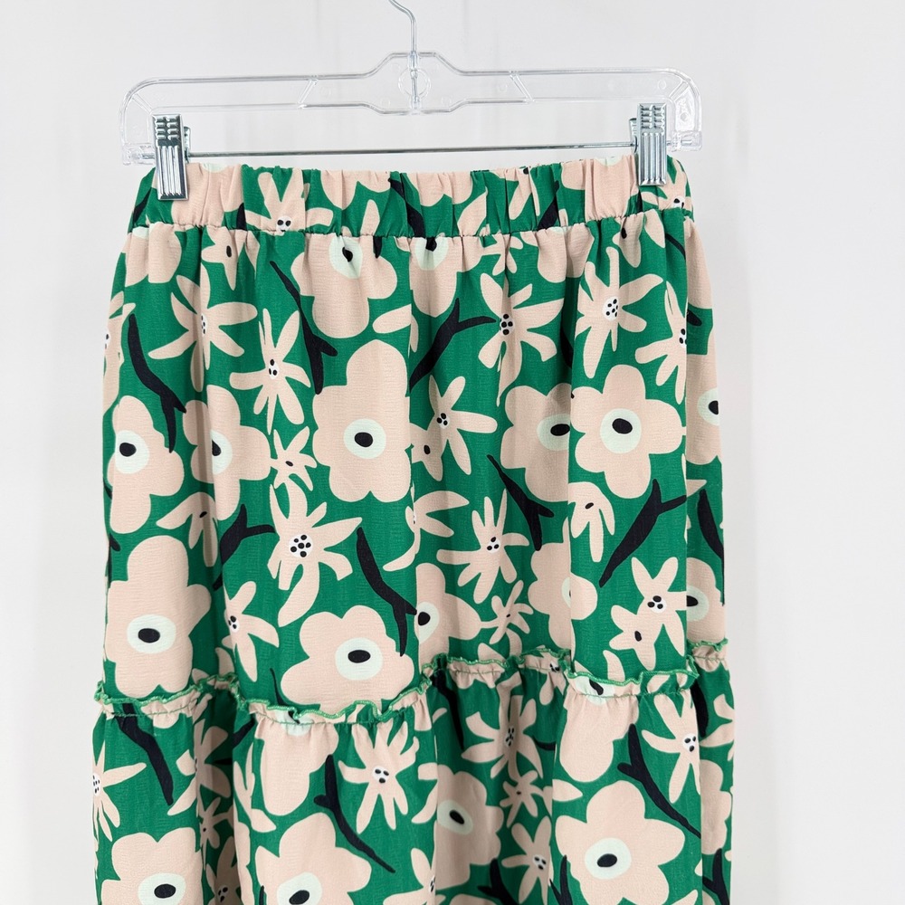 POLAGRAM Green Floral Tiered Maxi Skirt Plus Size 1XL Elastic Waist Flowy Boho - Picture 2 of 9